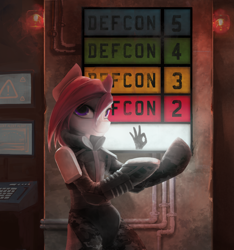 Size: 6175x6600 | Tagged: source needed, safe, artist:blvckmagic, imported from derpibooru, oc, oc only, oc:claret, earth pony, pony, bipedal, clothes, defcon, future, jumpsuit, ok hand sign, pauldron, solo, technology