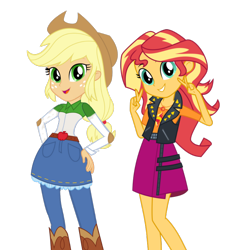 Size: 1024x1024 | Tagged: safe, imported from derpibooru, applejack, sunset shimmer, equestria girls, equestria girls series, appleshimmer, double peace sign, female, grin, lesbian, new outfit, peace sign, shipping, smiling