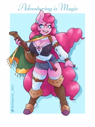 Size: 3072x4096 | Tagged: safe, artist:ambris, imported from derpibooru, pinkie pie, anthro, earth pony, unguligrade anthro, adventuring is magic, bard, bard pie, big breasts, blunderbuss, boots, breasts, busty pinkie pie, cape, cleavage, clothes, colored pupils, dungeons and dragons, fantasy class, female, lute, multiple variants, musical instrument, open mouth, pen and paper rpg, raised leg, remake, rpg, shoes, smiling, solo, weapon