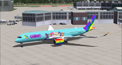 Size: 1366x733 | Tagged: safe, artist:electrahybrida, imported from derpibooru, applejack, fluttershy, pinkie pie, rainbow dash, rarity, sci-twi, sunset shimmer, twilight sparkle, equestria girls, equestria girls series, airbus a350, airport, livery, plane, tarmac, the rainbooms, the rainbooms tour plane, x-plane 11