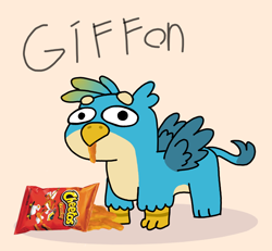 Size: 862x797 | Tagged: safe, artist:apatheticxaddict, imported from derpibooru, gallus, griffon, cheetos, intentional spelling error, male, meme, shitposting, simple background, solo, squatgriffon, squatpony, stupid, stylistic suck