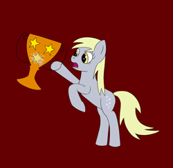 Size: 2280x2224 | Tagged: safe, artist:librarylonging, imported from derpibooru, derpy hooves, pegasus, pony, 4chan cup, bipedal, female, high res, open mouth, red background, simple background, solo, trophy, wingless