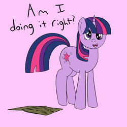 Size: 1934x1934 | Tagged: safe, artist:librarylonging, imported from derpibooru, twilight sparkle, pony, unicorn, book, derp, dialogue, pink background, silly, silly pony, simple background, solo, text, unicorn twilight