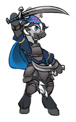 Size: 640x1024 | Tagged: safe, artist:multiverseequine, derpibooru exclusive, imported from derpibooru, oc, oc only, oc:jakko, pony, zebra, armor, bandana, bipedal, cape, clothes, colored, daybreak island, dual wield, ear piercing, female, full body, hat, piercing, raised hoof, rule 63, scimitar, simple background, solo, sword, transparent background, weapon, zebra oc