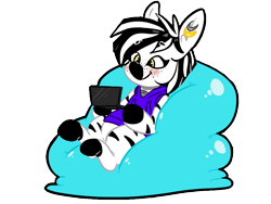 Size: 960x720 | Tagged: safe, artist:krispykakes, imported from derpibooru, oc, oc only, oc:pixel, pony, zebra, beanbag chair, blushing, clothes, commission, ear piercing, earring, female, freckles, hoodie, jewelry, mare, piercing, playing video games, simple background, smiling, solo, transparent background, video game, zebra oc