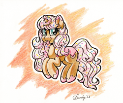 Size: 3164x2644 | Tagged: safe, artist:dandy, imported from derpibooru, oc, oc only, oc:donut daydream, food pony, original species, pony, unicorn, :p, colored pencil drawing, donut, female, food, heart, heart eyes, high res, looking at you, mare, ponified, signature, solo, tongue out, traditional art, wingding eyes