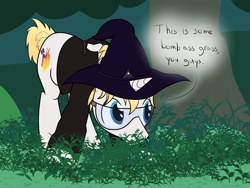 Size: 1000x750 | Tagged: safe, artist:mightyshockwave, imported from derpibooru, oc, oc only, oc:comet fall, oc:comet tail, pony, unicorn, bomb ass tea, clothes, forest, glasses, goggles, grass, grazing, hat, herbivore, horses doing horse things, jungle, solo, witch hat