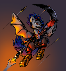 Size: 3617x3911 | Tagged: safe, artist:dasha1blaze, imported from derpibooru, oc, oc only, oc:dusk blade, bat pony, semi-anthro, bat pony oc, bat wings, combat, crossover, dodge, fight, goggles, high res, hoof claws, night vision goggles, rocket, solo, warhammer (game), warhammer 40k, wings