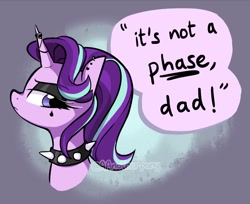 Size: 1200x979 | Tagged: safe, artist:aanotherpony, imported from derpibooru, starlight glimmer, pony, unicorn, collar, dialogue, edgelight glimmer, emo, goth, implied firelight, it's a phase, it's not a phase, makeup, solo, spiked collar, teenage glimmer, teenager