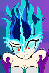 Size: 1483x2200 | Tagged: safe, artist:manuerusabee, imported from derpibooru, dj pon-3, vinyl scratch, human, equestria girls, female, glowing eyes, grin, horn, humanized, midnight-ified, simple background, smiling, solo