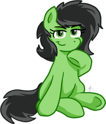 Size: 655x765 | Tagged: safe, artist:crusader productions, artist:swordsmen, imported from derpibooru, oc, oc only, oc:filly anon, earth pony, pony, commission, female, filly, simple background, sitting, smug, solo, transparent background, underhoof