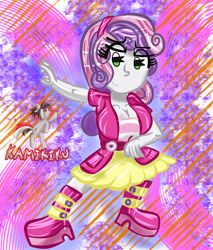 Size: 2550x3000 | Tagged: safe, artist:kamikiku, imported from derpibooru, apple bloom, scootaloo, sweetie belle, equestria girls, equestria girls series, abstract background, boots, breasts, busty sweetie belle, cleavage, clothes, cutie mark crusaders, female, high heel boots, high res, jacket, shoes, skirt, solo, watermark