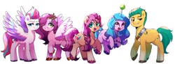 Size: 1876x687 | Tagged: safe, artist:riukime, imported from derpibooru, hitch trailblazer, izzy moonbow, pipp petals, sunny starscout, zipp storm, earth pony, pegasus, pony, unicorn, adorapipp, adorazipp, cute, female, g5, male, mane five (g5), mare, my little pony: a new generation, one eye closed, open mouth, smiling, stallion, wink