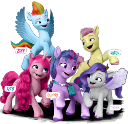 Size: 1136x1102 | Tagged: safe, edit, imported from derpibooru, fluttershy, hitch trailblazer, izzy moonbow, pinkie pie, pipp petals, rainbow dash, rarity, sunny starscout, twilight sparkle, zipp storm, earth pony, pegasus, pony, unicorn, cursed image, earth pony fluttershy, earth pony twilight, female, flutterguy, g5, male, mane five (g5), mare, palette swap, pegasus rarity, recolor, stallion, unicorn pinkie pie, wat