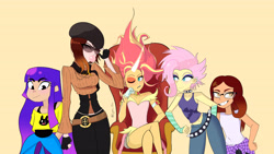 Size: 5010x2832 | Tagged: safe, artist:lyonzyon, imported from derpibooru, fluttershy, sunset shimmer, equestria girls, equestria girls series, the road less scheduled, the road less scheduled: fluttershy, spoiler:choose your own ending (season 2), spoiler:eqg series (season 2), absurd resolution, alya césaire, bare shoulders, beanie, belly button, blushing, bubblegum, choker, clothes, coco adel, commission, crossover, daydream shimmer, ear piercing, earring, eye clipping through hair, eyebrows, eyebrows visible through hair, eyeshadow, female, fingerless gloves, flutterpunk, food, glitch techs, gloves, gum, hat, high res, jewelry, looking at you, makeup, miko kubota, miraculous ladybug, one eye closed, open mouth, piercing, rwby, simple background, sleeveless, solo, solo female, spiked choker, striped gloves, sunglasses, tanktop, wall of tags, yellow background