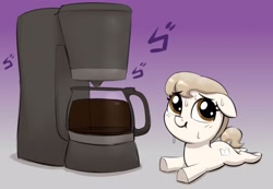 Size: 2892x1996 | Tagged: safe, artist:heretichesh, imported from derpibooru, oc, oc only, oc:sugarcube, earth pony, pony, coffee, coffee machine, coffee maker, coffee pot, cute, female, filly, gradient background, imminent disaster, japanese, jojo's bizarre adventure, lying down, menacing, ocbetes, prone, solo, sploot, sweat, sweatdrops, this will end in tears, underhoof, ゴ ゴ ゴ