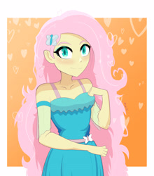 Size: 3222x3666 | Tagged: safe, artist:lyonzyon, imported from derpibooru, fluttershy, equestria girls, abstract background, bare shoulders, blushing, cute, daaaaaaaaaaaw, high res, looking at you, shyabetes, solo
