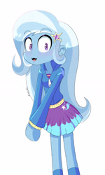 Size: 2116x3521 | Tagged: safe, artist:lyonzyon, imported from derpibooru, trixie, equestria girls, :3, clothes, cute, diatrixes, ears, eyebrows, eyebrows visible through hair, hairpin, high res, hoodie, open mouth, open smile, simple background, skirt, smiling, solo, white background