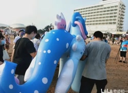 Size: 720x524 | Tagged: safe, imported from derpibooru, oc, oc:lyre wave, human, china, inflatable toy, irl, irl human, photo, qingdao brony festival