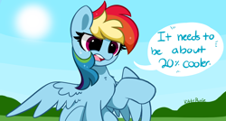 Size: 6800x3649 | Tagged: safe, artist:kittyrosie, imported from derpibooru, rainbow dash, pegasus, pony, sonic rainboom (episode), 20% cooler, absurd resolution, chest fluff, cute, dashabetes, hot, open mouth, scene interpretation, sitting, solo, speech bubble, sun, sweat, talking to viewer