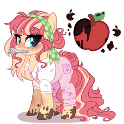 Size: 1400x1400 | Tagged: safe, artist:gihhbloonde, imported from derpibooru, oc, oc only, earth pony, pony, clothes, female, magical lesbian spawn, mare, mouth hold, offspring, overalls, parent:applejack, parent:torque wrench, shirt, solo, wrench