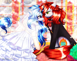 Size: 4000x3179 | Tagged: safe, artist:krissstudios, imported from derpibooru, oc, oc only, earth pony, pony, clothes, dress, female, lesbian, mare, suit, wedding dress