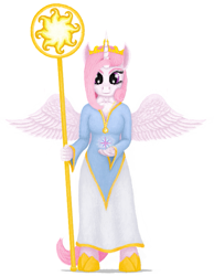 Size: 593x766 | Tagged: safe, artist:xodok, imported from derpibooru, princess celestia, alicorn, anthro, unguligrade anthro, series:ponyashnost, clothes, crown, dress, female, horn, jewelry, looking at you, pendant, pink-mane celestia, regalia, simple background, smiling, staff, sun, white background, wings