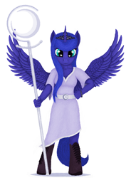 Size: 564x766 | Tagged: safe, artist:xodok, imported from derpibooru, princess luna, alicorn, anthro, unguligrade anthro, series:ponyashnost, clothes, crown, dress, female, horn, jewelry, looking at you, moon, pendant, regalia, simple background, smiling, staff, white background, wings