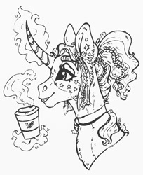 Size: 881x1080 | Tagged: safe, artist:skior, imported from derpibooru, oc, oc only, oc:neon lure, pony, unicorn, bust, coffee cup, cup, female, magic, mare, monochrome, portrait, solo