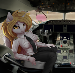 Size: 4100x3984 | Tagged: safe, artist:lightly-san, imported from derpibooru, oc, oc only, oc:star nai, alicorn, anthro, airport, alicorn oc, alternate versions at source, boeing, boeing 737, boeing 787, clothes, cockpit, female, horn, hud, looking at you, mare, pilot, plane, uniform, wings
