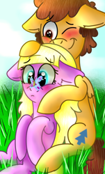 Size: 416x690 | Tagged: safe, artist:millefaller, imported from derpibooru, butterfly, earth pony, pegasus, pony, blushing, dipcifica, dippa, dipper pines, female, gravity falls, male, mare, non-mlp shipping, outdoors, pacifica northwest, ponified, shipping, straight, wings