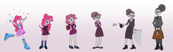 Size: 2752x832 | Tagged: safe, artist:cyanoray, imported from derpibooru, pinkie pie, equestria girls, age progression, alternate hairstyle, bored, clothes, crystal prep academy uniform, cutie mark, cutie mark on clothes, discorded, female, mental shift, personality swap, pinkamena diane pie, school uniform, smiling, story included, suit, suitcase, transformation, transformation sequence