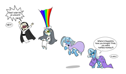 Size: 1566x919 | Tagged: safe, artist:cyanoray, imported from derpibooru, trixie, ghost, human, pony, undead, unicorn, akiko, annoyed, cape, character to character, clothes, crossover, female, jumping, mare, offscreen character, rainbow, simple background, swirly eyes, transformation, transformation sequence, white background, wishfart, yuurei