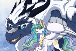 Size: 1182x788 | Tagged: safe, artist:inuhoshi-to-darkpen, imported from derpibooru, princess celestia, alicorn, dragon, pony, 2020, blue background, crossover, duo, female, jewelry, mare, nicole oliver, queen zubeia, regalia, simple background, spread wings, the dragon prince, voice actor joke, wings