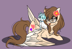 Size: 1280x873 | Tagged: safe, artist:donnie-moon, imported from derpibooru, oc, oc only, dog, pegasus, pony, duo, eyelashes, female, flower, flower in hair, glasses, helmet, looking back, mare, simple background, two toned wings, wings