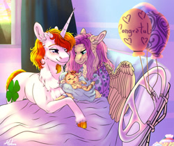 Size: 1280x1077 | Tagged: safe, artist:malinraf1615, imported from derpibooru, fluttershy, oc, oc:lucky charm, pony, unicorn, baby, baby pony, bed, canon x oc, chest fluff, ear fluff, female, hospital bed, male, straight