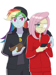 Size: 1620x2160 | Tagged: safe, artist:haibaratomoe, imported from derpibooru, fluttershy, rainbow dash, equestria girls, backwards ballcap, baseball cap, cap, cutie mark accessory, cutie mark necklace, eyepatch, female, flutterdash, hat, jewelry, lesbian, necklace, phone, satchel, shipping