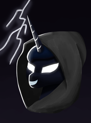 Size: 1000x1346 | Tagged: safe, artist:trotski432, artist:vezja, imported from derpibooru, princess luna, alicorn, luna eclipsed, bust, disembodied head, female, hood, lightning, mare, nightmare night, portrait, simple background