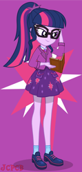 Size: 1026x2160 | Tagged: safe, artist:jcpreactyt, imported from derpibooru, sci-twi, twilight sparkle, equestria girls, equestria girls series, book, bow, clothes, dress, glasses, hair, jacket, ponytail, purple background, shirt, shoes, simple background, skirt, socks, stars