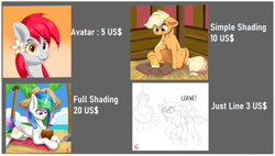 Size: 1900x1080 | Tagged: safe, artist:joaothejohn, imported from derpibooru, applejack, princess celestia, oc, oc:tiny jasmini, changeling, pony, advertisement, commission, commission info, floppy ears, info, price, prices