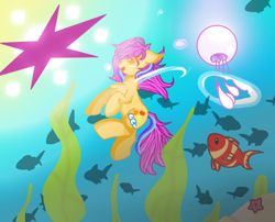 Size: 1280x1033 | Tagged: safe, artist:heart shy, artist:lemoncola, artist:noir, artist:solar flare, artist:springdawn, artist:yuerain sparkle, artist:幻屑_official, imported from derpibooru, oc, oc only, earth pony, fish, jellyfish, pony, bubble, crepuscular rays, hexagram, light, ocean, open mouth, seaweed, smiling, solo, sunlight, underwater, water