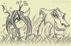 Size: 2269x1489 | Tagged: safe, artist:rossmaniteanzu, imported from derpibooru, queen chrysalis, big cat, changeling, changeling queen, lion, crossover, disney, female, lion king 2 simba's pride, pencil drawing, sharp teeth, sketch, teeth, the lion king, traditional art, zira