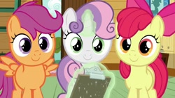 Size: 852x479 | Tagged: safe, imported from derpibooru, screencap, apple bloom, scootaloo, sweetie belle, earth pony, pegasus, pony, unicorn, marks and recreation, season 7, adorabloom, apple bloom's bow, bow, clipboard, clubhouse, crusaders clubhouse, cute, cutealoo, cutie mark crusaders, diasweetes, female, filly, glowing horn, hair bow, horn, magic, smiling, spread wings, telekinesis, wings