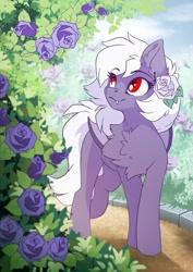 Size: 2481x3507 | Tagged: safe, artist:arctic-fox, imported from derpibooru, oc, oc only, oc:lucy clematis, bat pony, pony, vampire, vampony, bat pony oc, bat wings, cute, cute little fangs, ear piercing, earring, fangs, flower, flower in hair, gothic, high res, jewelry, leaves, path, piercing, smiling, solo, wings