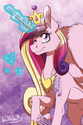 Size: 788x1182 | Tagged: safe, artist:inuhoshi-to-darkpen, imported from derpibooru, princess cadance, alicorn, pony, cheek fluff, crown, floating heart, glowing horn, heart, hoof fluff, horn, jewelry, one eye closed, regalia, solo, wink