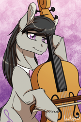 Size: 788x1182 | Tagged: safe, artist:inuhoshi-to-darkpen, imported from derpibooru, octavia melody, earth pony, pony, bipedal, bow (instrument), cello, cello bow, cheek fluff, ear fluff, hoof fluff, musical instrument, solo, violin