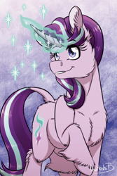 Size: 788x1182 | Tagged: safe, artist:inuhoshi-to-darkpen, imported from derpibooru, starlight glimmer, pony, unicorn, backwards cutie mark, cheek fluff, ear fluff, eye clipping through hair, eyebrows, eyebrows visible through hair, female, glowing horn, grin, hoof fluff, horn, leonine tail, mare, raised hoof, smiling, solo, unshorn fetlocks