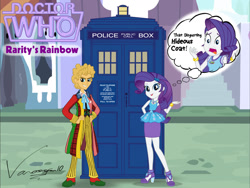 Size: 1280x960 | Tagged: safe, artist:edcom02, artist:vanossfan10, imported from derpibooru, doctor whooves, rarity, time turner, equestria girls, canterlot, colin baker, doctor who, fashion disaster, female, logo, male, rarity peplum dress, rariwhooves, shipping, sixth doctor, straight, tardis, the doctor, thought bubble