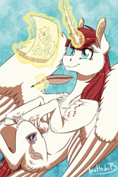 Size: 788x1182 | Tagged: safe, artist:inuhoshi-to-darkpen, imported from derpibooru, firefly, oc, oc only, oc:fausticorn, alicorn, pony, alicorn oc, bust, chest fluff, ear fluff, feather pen, female, glowing horn, hoof fluff, horn, ink, inkwell, lauren faust, magic, mare, ponified, solo, telekinesis, wing fluff, wings