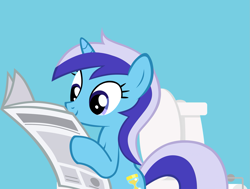 Size: 1825x1383 | Tagged: safe, artist:retro melon, edit, imported from derpibooru, vector edit, minuette, pony, unicorn, 1000 hours in ms paint, blue background, but why, female, hoof hold, implied pooping, mare, newspaper, potty time, reading, simple background, sitting, sitting on toilet, smiling, solo, toilet, toilet paper, vector